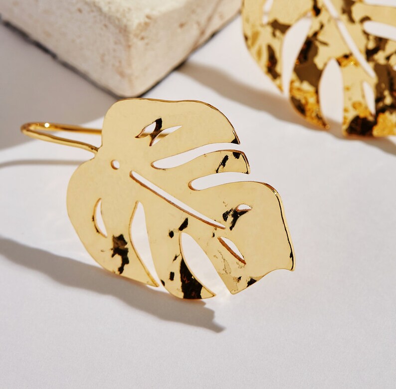 Leaf earring.monstera leaf earring. Topical flora leaf earring.18k gold earring dangle image 4