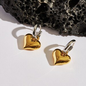 silver Hoop Earrings with Heart Pendant, Valentine Gift, Heart Earrings, Hoop Earrings, Heart Hoop Earrings, Small Hoop Earrings image 1