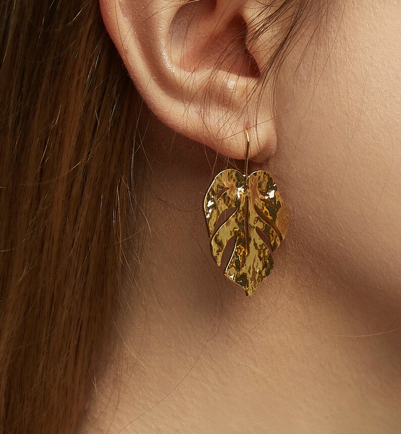 Leaf earring.monstera leaf earring. Topical flora leaf earring.18k gold earring dangle image 1