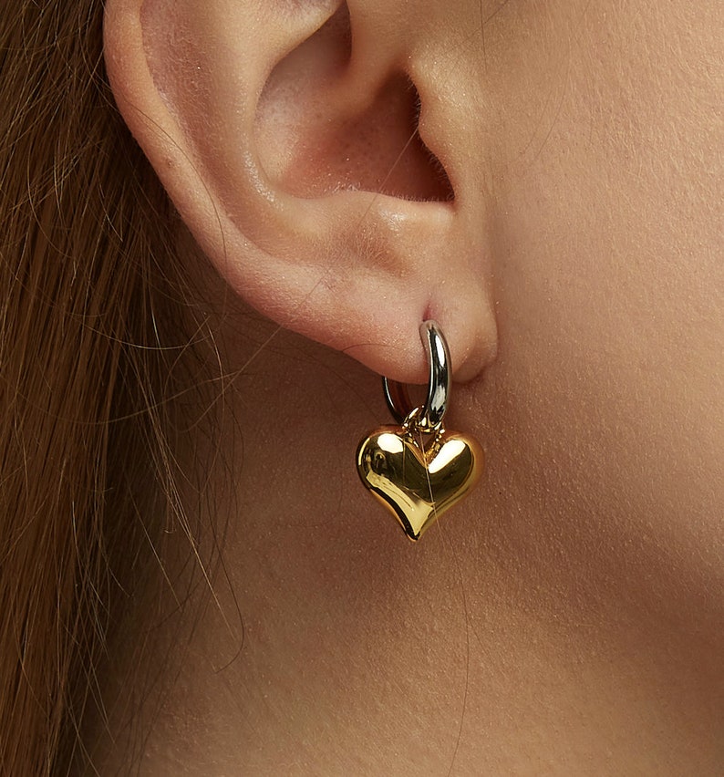 silver Hoop Earrings with Heart Pendant, Valentine Gift, Heart Earrings, Hoop Earrings, Heart Hoop Earrings, Small Hoop Earrings image 5