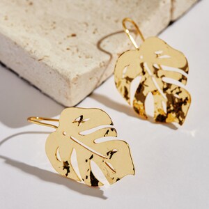 Leaf earring.monstera leaf earring. Topical flora leaf earring.18k gold earring dangle image 3