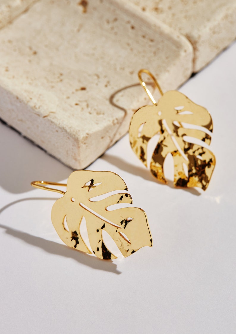 Leaf earring.monstera leaf earring. Topical flora leaf earring.18k gold earring dangle image 3