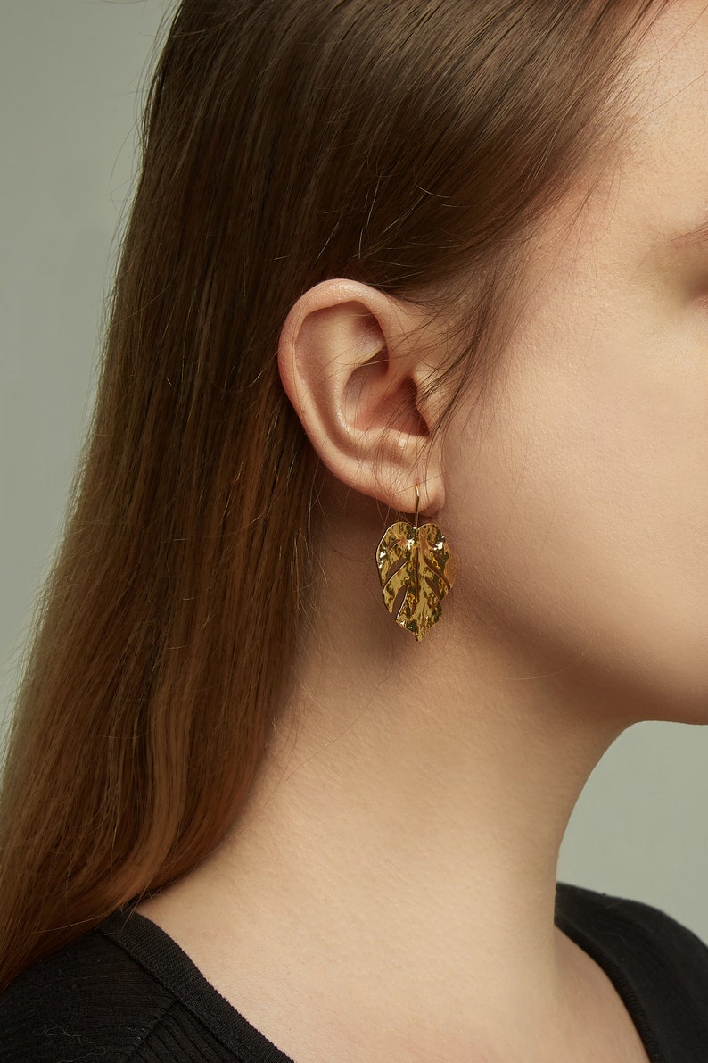 Leaf earring.monstera leaf earring. Topical flora leaf earring.18k gold earring dangle image 2