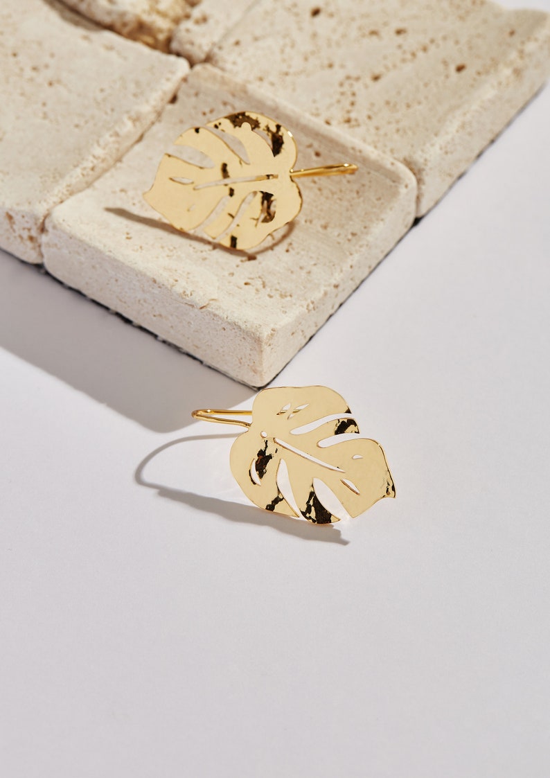 Leaf earring.monstera leaf earring. Topical flora leaf earring.18k gold earring dangle image 5