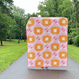 May include: A pink and orange quilt with a white star pattern. The quilt is being held up in front of a green grassy area with trees in the background.