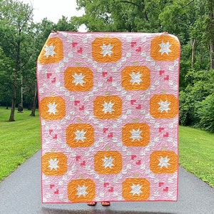 以下が含まれることがあります： ピンクとオレンジのキルトで、星形の模様が施されています。キルトは、各正方形の中央に白い星が描かれた正方形で構成されています。