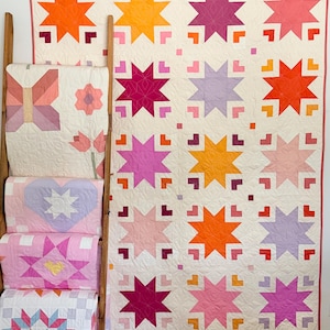 May include: A large quilt featuring a grid of multi-colored stars in shades of orange, pink, purple, and yellow on a cream background, displayed alongside a wooden ladder holding four folded quilts with butterfly, heart, and geometric patterns.