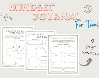 Op de afbeelding: Een printbaar 9-pagina's mindfulness-dagboek voor tieners met zwart-wit illustraties. Het dagboek bevat prompts om je goed te voelen, doelen te stellen en de geheimen van succes te identificeren.