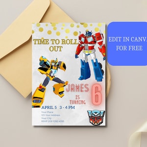 Plantilla editable de invitación digital de Transformers - 5x7 - Canva - Descargar - Imprimible