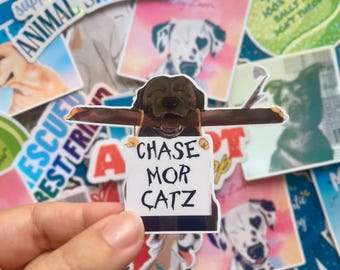May include: A sticker featuring a brown dog holding a stick in its mouth and a sign that reads "CHASE MOR CATZ". The sticker is held by a hand and surrounded by other animal-themed stickers.