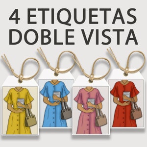 Op de afbeelding: Vier witte rechthoekige labels met illustraties van vrouwen in jurken, elk in een andere kleur: geel, blauw, roze en rood. Elke vrouw houdt een boek en een handtas vast. De labels zijn verbonden met touw en hebben de tekst "4 ETIQUETAS DOBLE VISTA".