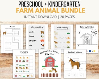 Preschool + Kindergarten Farm Animal Bundle, Activity Worksheets, Coloring,  Matching, Color By Number, Counting, Tracing, Cut & Paste