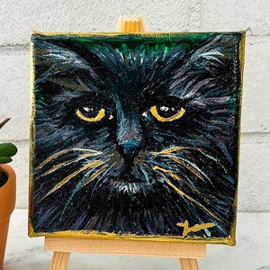 黒猫の絵画、猫アート、猫好きへのギフト、黒の抽象アート