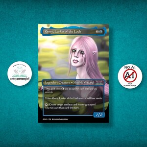 May include: A fantasy art card depicting "Emry, Lurker of the Loch," a Merfolk Wizard with pink hair and dark eye makeup. The card includes game text and a 1/2 power/toughness rating. The image has a "No AI" and "100% Human Made" sticker.