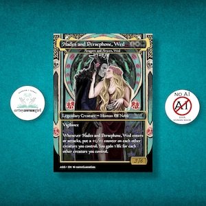 May include: A fantasy art card featuring Hades and Persephone, Wed, with the text "Aragorn and Arwen, Wed." The card has a black border and includes the text "Legendary Creature - Human Elf Noble" and "Vigilance." The card also has the text "AGGEN ARTSYGAMERGIRL" and "3/6."