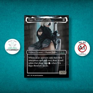 May include: A custom trading card featuring the character Esper Sentinel. The card has a black background with a detailed illustration of a female figure in a black outfit. Text includes "Esper Sentinel" and game instructions. The card is marked "1/1".