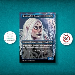 May include: A Magic: The Gathering card featuring Cynette, Jelly Drover, a Legendary Creature - Human Wizard. The card art shows a woman with white hair and a jellyfish. The card text reads "When Cynette, Jelly Drover enters or dies, create a 1/1 blue Jellyfish creature token with flying."