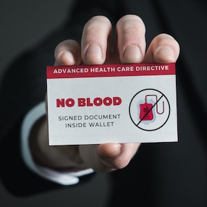 Medische identiteitskaart zonder bloed – vel van 4 | JW-waarschuwing Jehovah Getuigen geen transfusie | Noodsituatie kinderen, ouderen | Dokter, ambulance, ziekenhuis