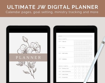 May include: A digital planner for Jehovah's Witnesses with 30 pages of templates. The planner includes sections for daily and weekly habits, as well as calendar pages, goal setting, and ministry tracking. The cover features a floral design with the word "PLANNER" in a brown rectangle.