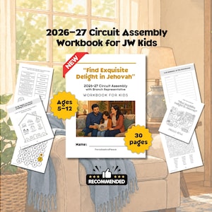 May include: A 30-page 2026-27 Circuit Assembly workbook for JW kids, ages 5-12. The cover features the title Find Exquisite Delight in Jehovah, a family illustration, and a name line. Included are activity pages with colouring, word searches, and notes.
