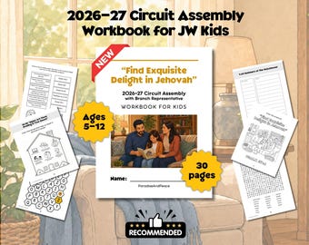 Può includere: Un quaderno di esercizi per l'assemblea di circoscrizione 2026-27 per bambini JW intitolato Find Exquisite Delight in Jehovah. Il quaderno di 30 pagine per bambini dai 5 ai 12 anni include schede di attività con disegni da colorare e cruciverba.