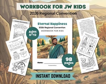 JW Kids (Ages 5-12) Eternal Happiness 98 Page Activity Workbook | 2026 Convention Printable Worksheets | Education for Jehovah's Witness