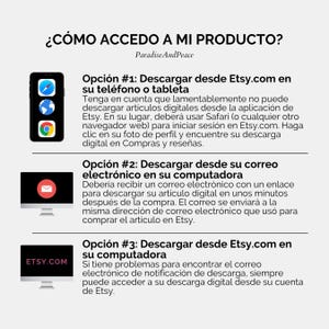 K&ouml;nnte beinhalten: Eine informative Grafik mit dem Titel &iquest;C&Oacute;MO ACCEDO A MI PRODUCTO? von ParadiseAndPeace. Sie beschreibt drei Methoden zum Herunterladen digitaler Dateien: &uuml;ber einen mobilen Browser, per E-Mail am Computer oder &uuml;ber ein Etsy-Konto am Computer.