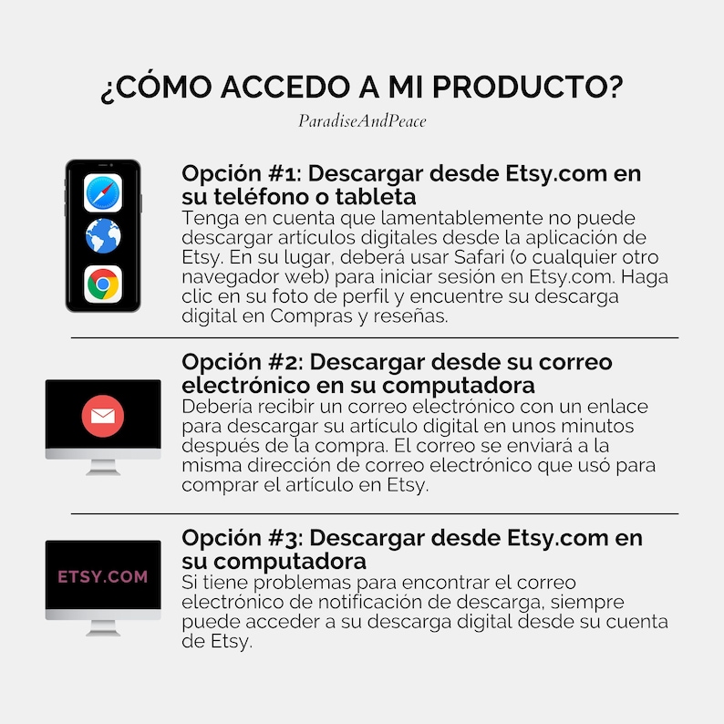 K&ouml;nnte beinhalten: Eine informative Grafik mit dem Titel &iquest;C&Oacute;MO ACCEDO A MI PRODUCTO? von ParadiseAndPeace. Sie beschreibt drei Methoden zum Herunterladen digitaler Dateien: &uuml;ber einen mobilen Browser, per E-Mail am Computer oder &uuml;ber ein Etsy-Konto am Computer.