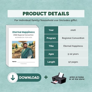 May include: A digital workbook for kids titled Eternal Happiness 2026 Regional Convention. The cover features an illustration of a man in a landscape. The product details table lists the year 2026, program, title, ages 5-12 years, and 97 pages.