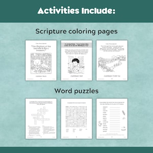 May include: A collection of six activity sheets featuring scripture coloring pages and word puzzles. The pages include illustrations of bears, a person praying, and a path, alongside crossword puzzles, word searches, and word unscramble tasks.