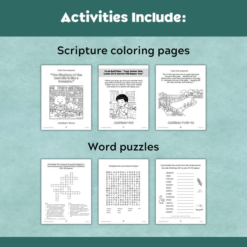 May include: A collection of six activity sheets featuring scripture coloring pages and word puzzles. The pages include illustrations of bears, a person praying, and a path, alongside crossword puzzles, word searches, and word unscramble tasks.