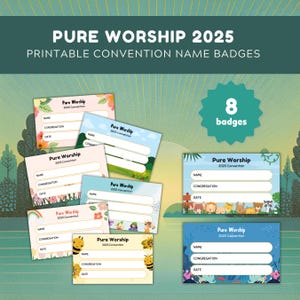 JW Kids Pure Worship 2025 Printable Name Badges, Pack of 8 Designs Available for Instant Download, Jehovah&#39;s Witness Regional Convention