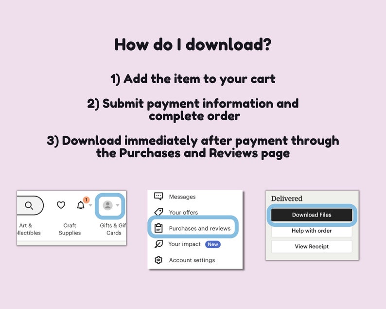 Pu&ograve; includere: Uno screenshot di un sito web che mostra come scaricare articoli digitali dopo l'acquisto. I passaggi sono elencati: 1) Aggiungi l'articolo al carrello, 2) Invia le informazioni di pagamento e completa l'ordine, 3) Scarica immediatamente dopo il pagamento tramite la pagina Acquisti e recensioni. Il sito web ha una barra di navigazione con icone per Arte e oggetti da collezione, Articoli per l'artigianato, Regali e carte regalo, Messaggi, Le tue offerte, Acquisti e recensioni, Il tuo impatto e Impostazioni account. Il sito web ha anche una sezione per gli articoli consegnati con un pulsante per Scaricare i file, Aiuto con l'ordine e Visualizza ricevuta.