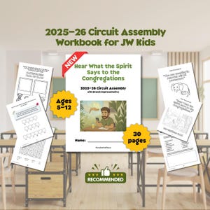Cuaderno de actividades para la asamblea del circuito JW Kids 2025-26, "Escucha lo que dice el Espíritu". Hojas de trabajo imprimibles para testigos de Jehová, de 5 a 12 años.
