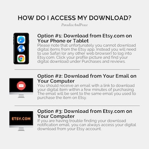 May include: An instructional graphic titled HOW DO I ACCESS MY DOWNLOAD? by ParadiseAndPeace. It outlines three methods for retrieving digital files: using a mobile browser, checking email on a computer, or accessing the Etsy account via a desktop computer.