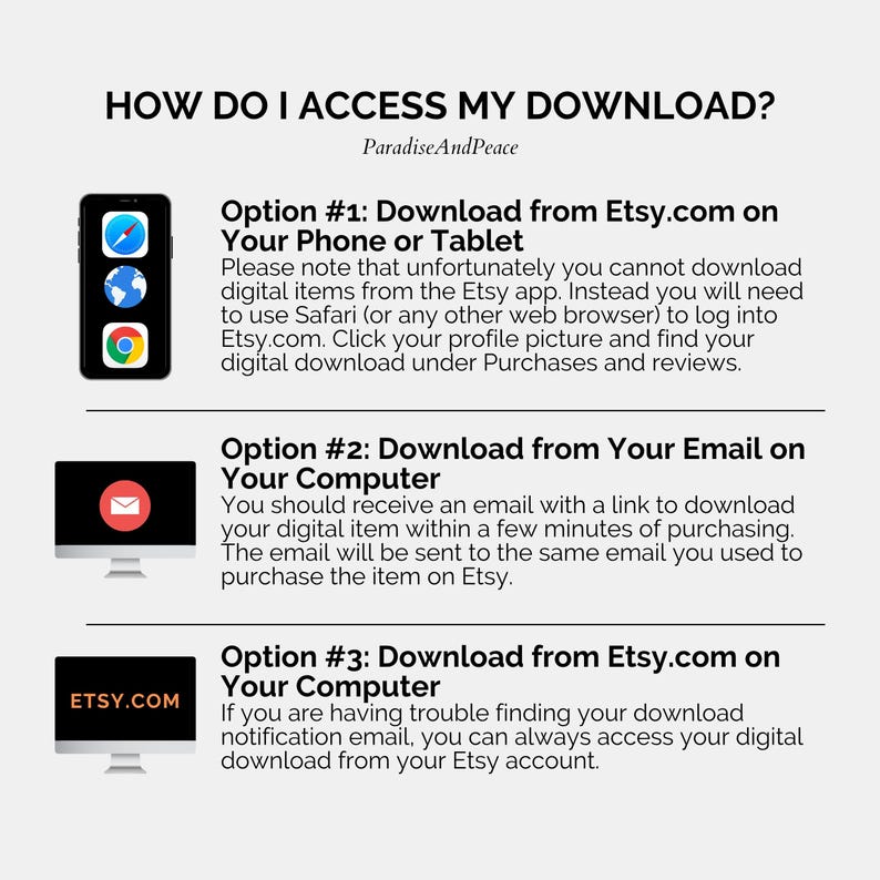 May include: An instructional graphic titled HOW DO I ACCESS MY DOWNLOAD? by ParadiseAndPeace. It outlines three methods for retrieving digital files: using a mobile browser, checking email on a computer, or accessing the Etsy account via a desktop computer.