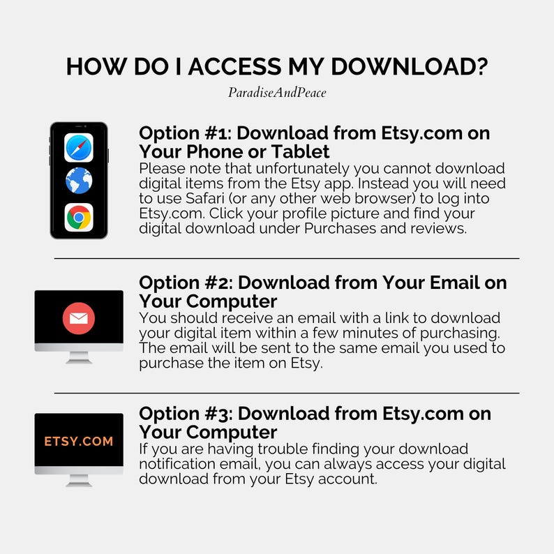 May include: An informational graphic titled HOW DO I ACCESS MY DOWNLOAD? by ParadiseAndPeace. It outlines three methods for retrieving digital files: using a mobile browser, checking email on a computer, or accessing the Etsy account via a desktop computer.