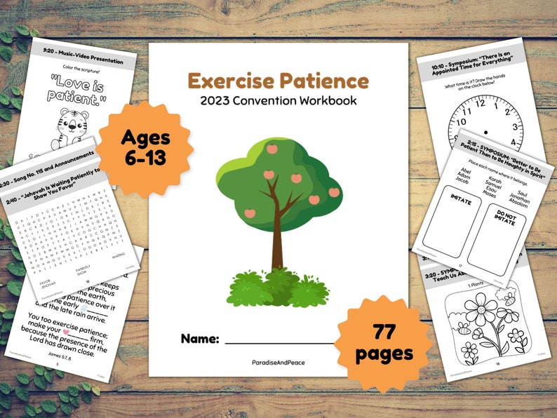 JW Kids Ages 6-13 Exercise Patience 77 Page Activity Workbook 2023 Convention Printable Worksheets Education for Jehovah's Witness image 1