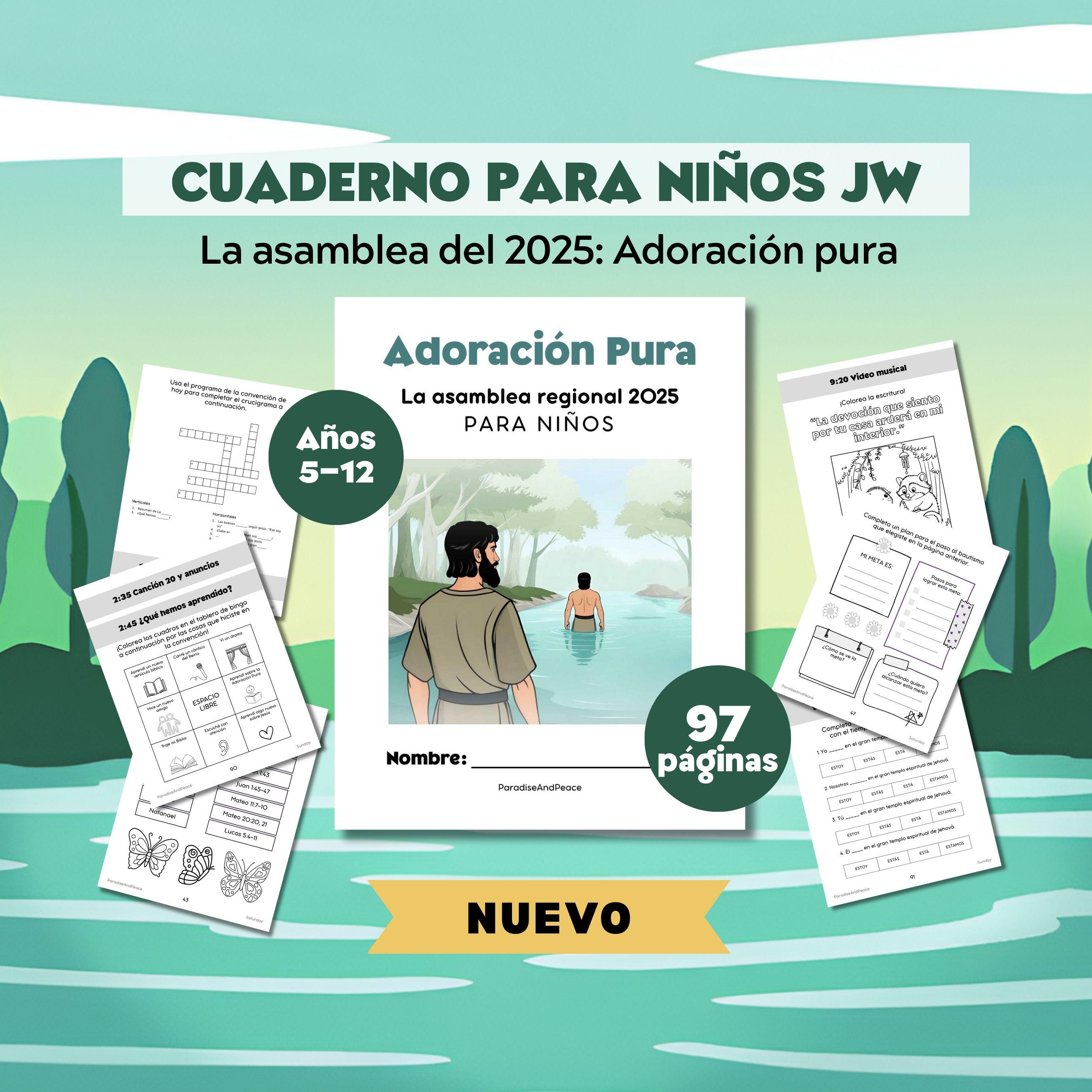 ESPAÑOL Libro de Actividades Para JW Niños (5-12 años): Adoración Pura, 97 páginas | La asamblea regional de los Testigos de Jehová cuaderno
