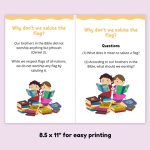 Pu&ograve; includere: Due bambini sono seduti su una pila di libri, leggendo da libri aperti. Il testo sui libri dice "Bibbia". Il testo sulla pagina dice "Perch&eacute; non salutiamo la bandiera? I nostri fratelli nella Bibbia non adoravano nient'altro che Geova (Daniele 3). Sebbene rispettiamo le bandiere di tutte le nazioni, non adoriamo nessuna bandiera salutandola."