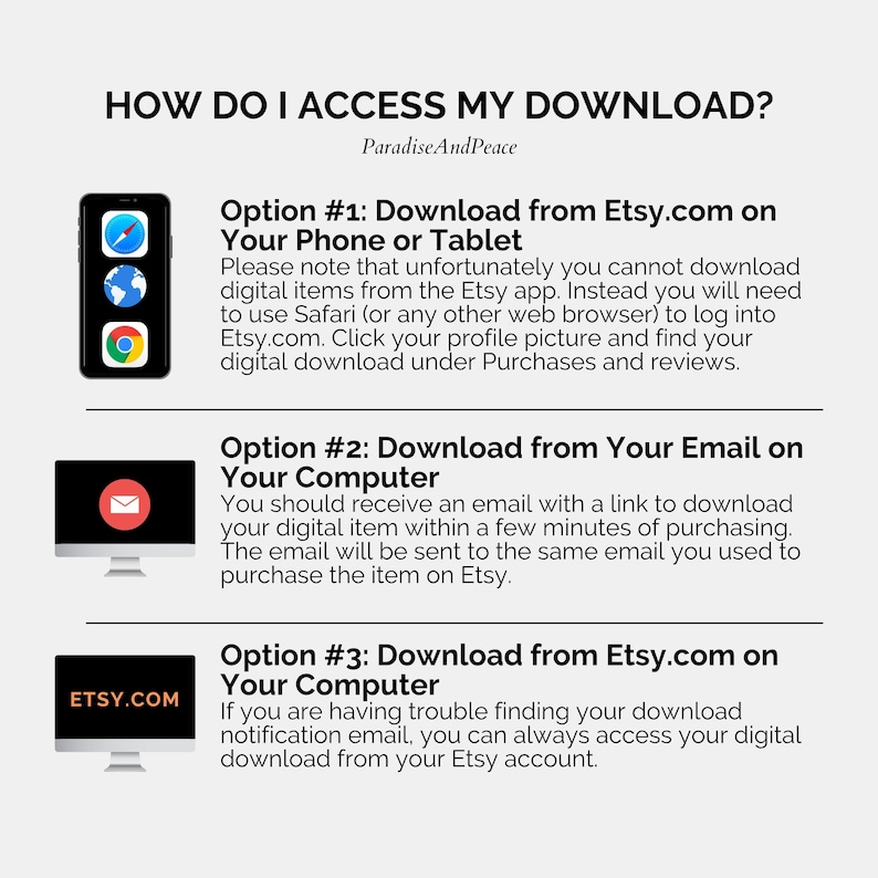 Pu&ograve; includere: Un grafico informativo intitolato HOW DO I ACCESS MY DOWNLOAD? di ParadiseAndPeace. Illustra tre metodi per recuperare file digitali: utilizzare un browser mobile, controllare l'email su un computer o accedere al proprio account Etsy da desktop.