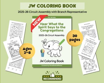Könnte beinhalten: Ein JW-Malbuch für Kinder mit dem Titel "Hear What the Spirit Says to the Congregations" und "2025-26 Circuit Assembly". Es hat 30 Seiten und wird für Kinder im Alter von 2-8 Jahren empfohlen. Das Cover zeigt einen Cartoon-Elefanten.