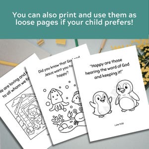 May include: Three white coloring pages featuring black line art illustrations. One page shows a sheep and duck, another an underwater scene with a squid, fish, and crab, and the third shows two penguins with the text Happy are those hearing the word of God and keeping it! and Luke 11:28.