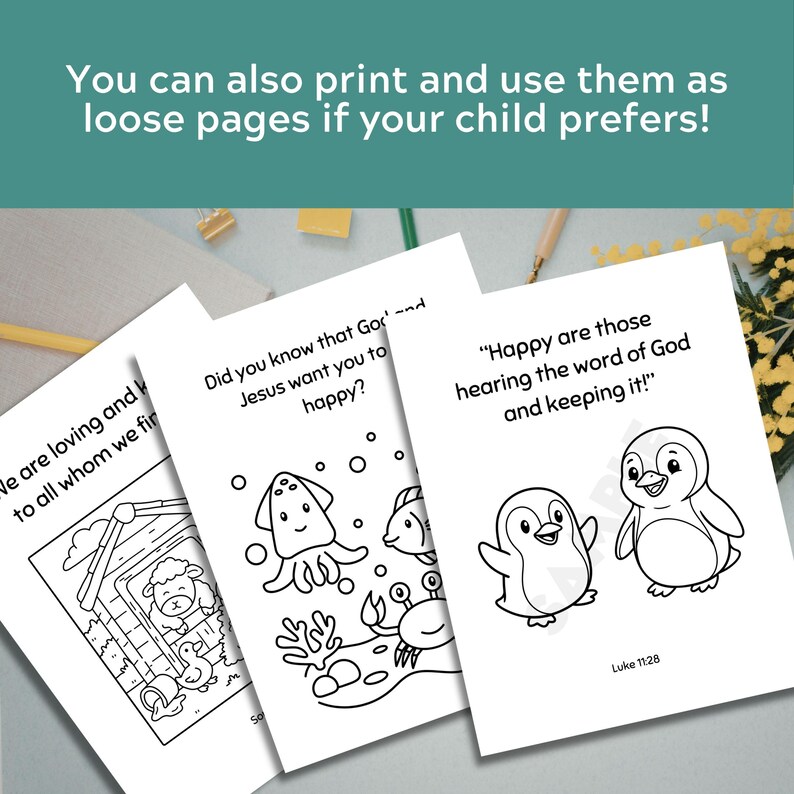 May include: Three white coloring pages featuring black line art illustrations. One page shows a sheep and duck, another an underwater scene with a squid, fish, and crab, and the third shows two penguins with the text Happy are those hearing the word of God and keeping it! and Luke 11:28.