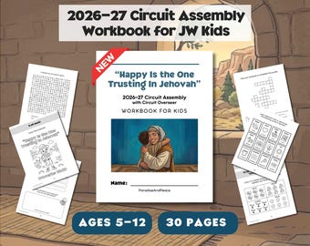 Può includere: Un quaderno di esercizi per l'assemblea di circoscrizione 2026-27 per bambini, 5-12 anni, 30 pagine. La copertina riporta il testo Happy Is the One Trusting In Jehovah e l'illustrazione di una persona che abbraccia un bambino.