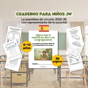 Peut inclure: Un cahier d'activités en espagnol pour enfants, intitulé "CUADERNO PARA NIÑOS JW" et "La asamblea de circuito 2025-26". Le cahier comprend des illustrations, des puzzles et des pages à colorier, avec 30 pages.