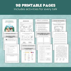 May include: A collection of 98 printable workbook pages featuring activities for a convention. The pages include text, line drawings, word searches, and writing exercises with titles like Eternal Happiness, Friday Morning, and All About Me.