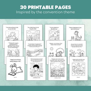 May include: A collection of 30 printable coloring pages featuring black and white line art illustrations with religious quotes. The pages include drawings of animals, children, and nature scenes, each with text such as You alone will prove to be our joy eternally.