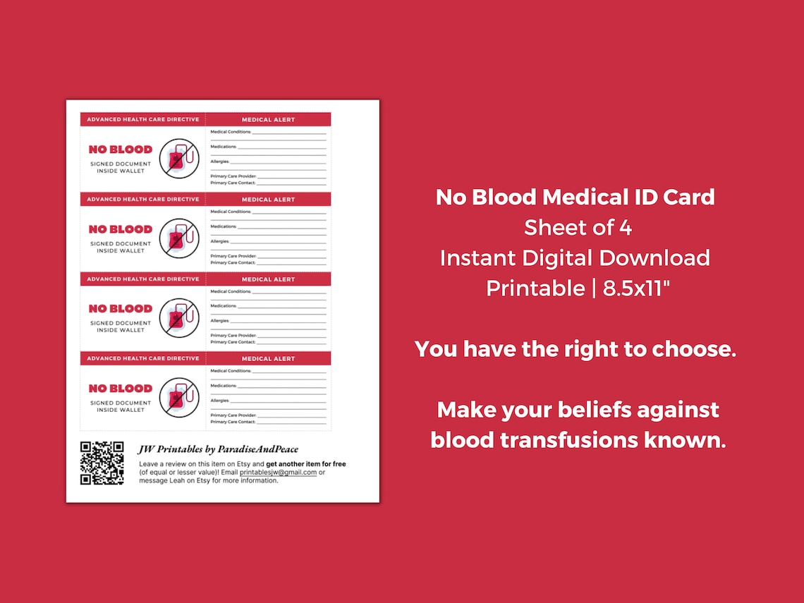 No Blood Medical ID Card Sheet of 4 JW Jehovah Witness No Etsy