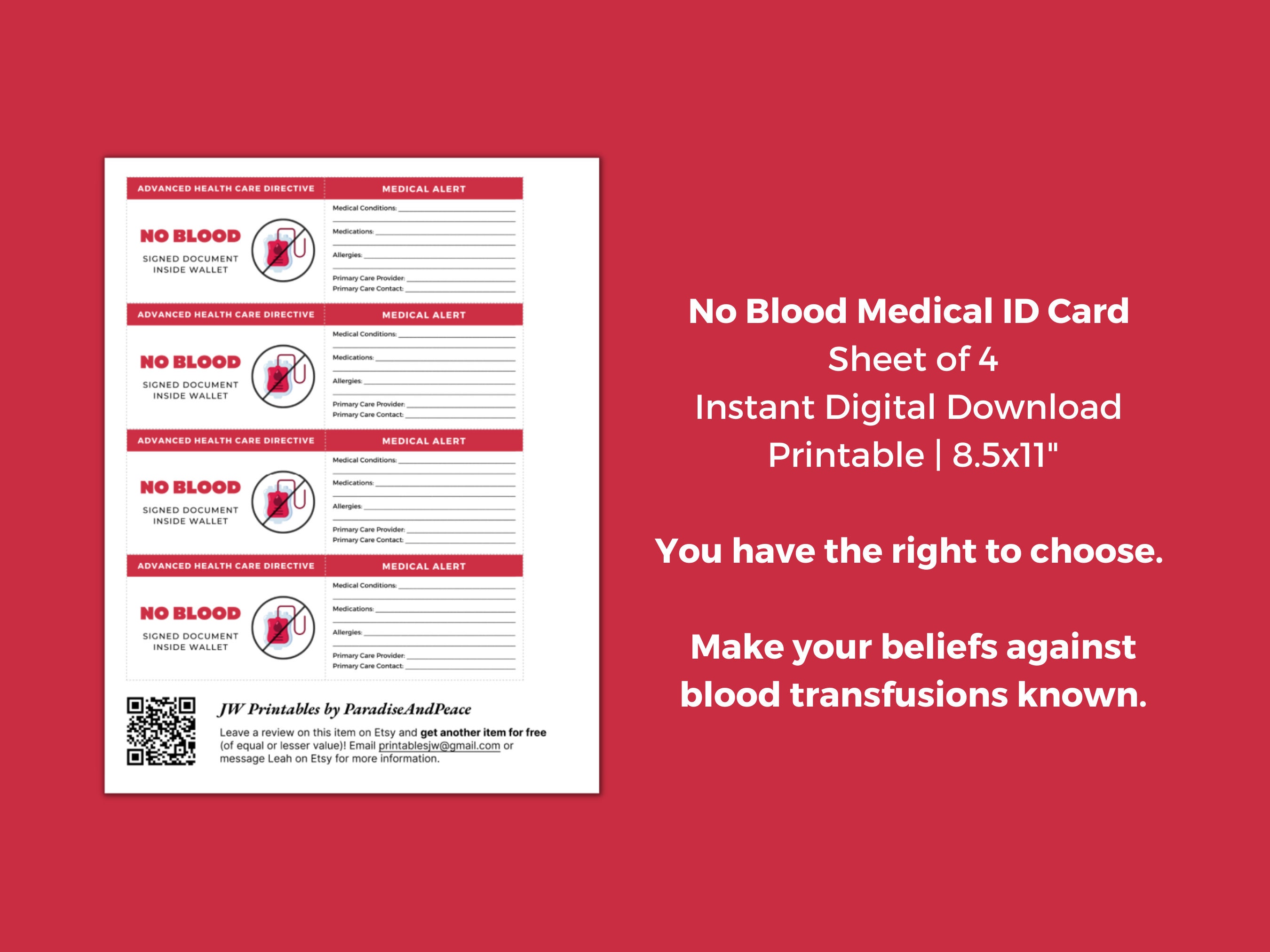 No Blood Medical ID Card Sheet of 4 JW Jehovah Witness No Etsy Australia